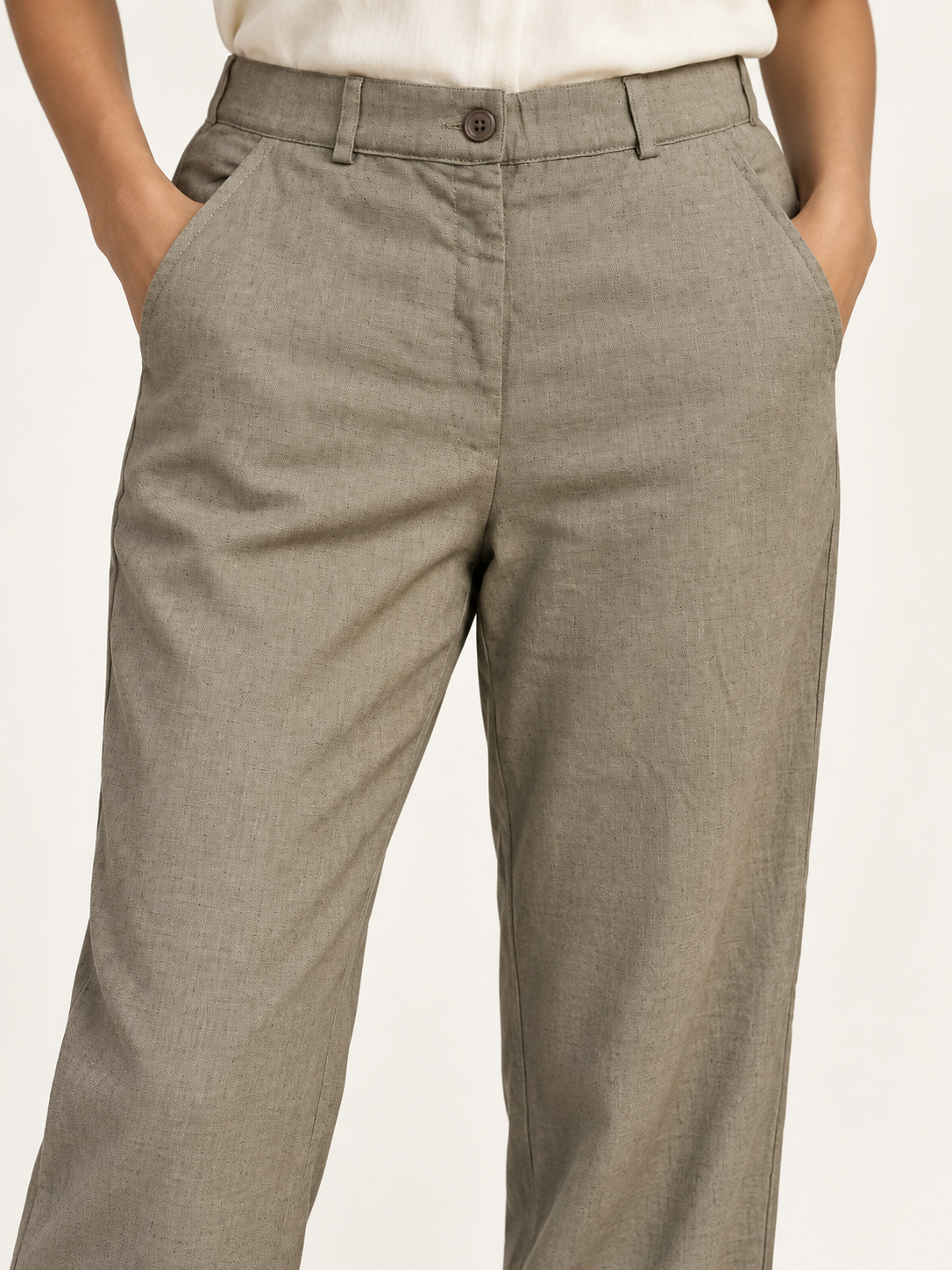 Composure Linen Blend Trousers - Sage Stone - fabric and stitching close-up