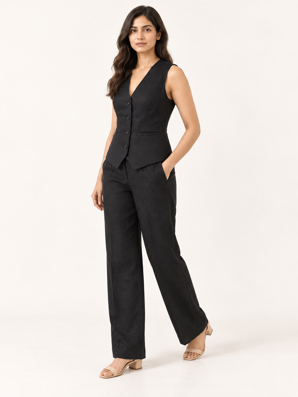Composure Linen Blend Waistcoat - Black Onyx - three-quarter view