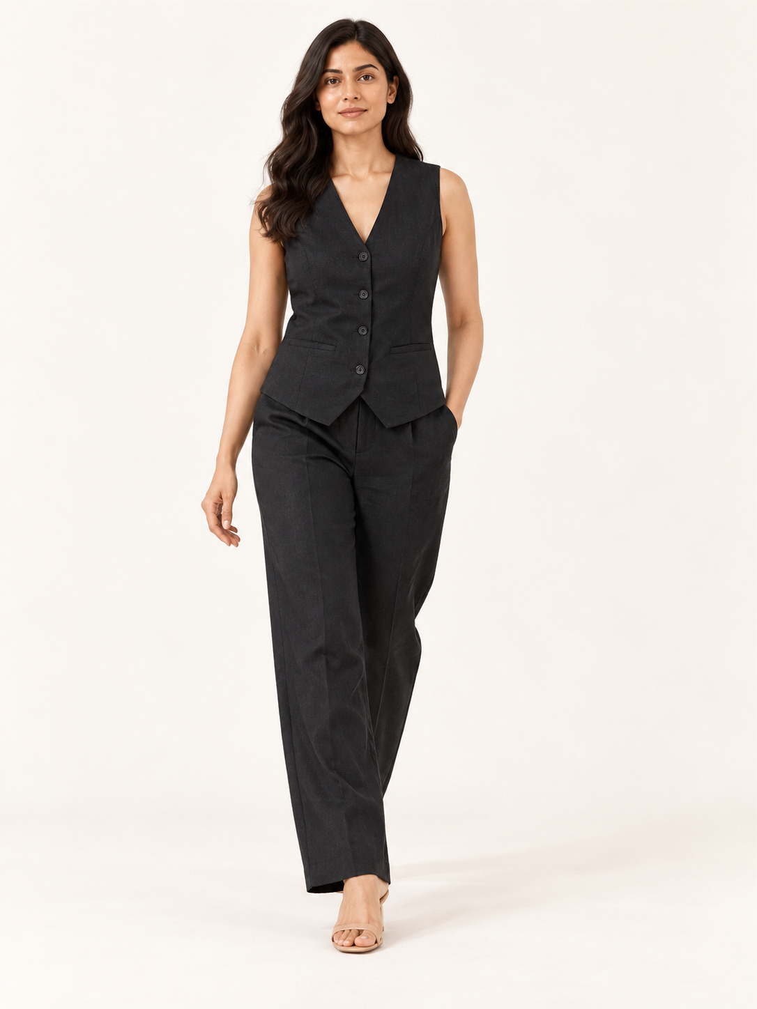 Composure Linen Blend Waistcoat - Black Onyx - walking view