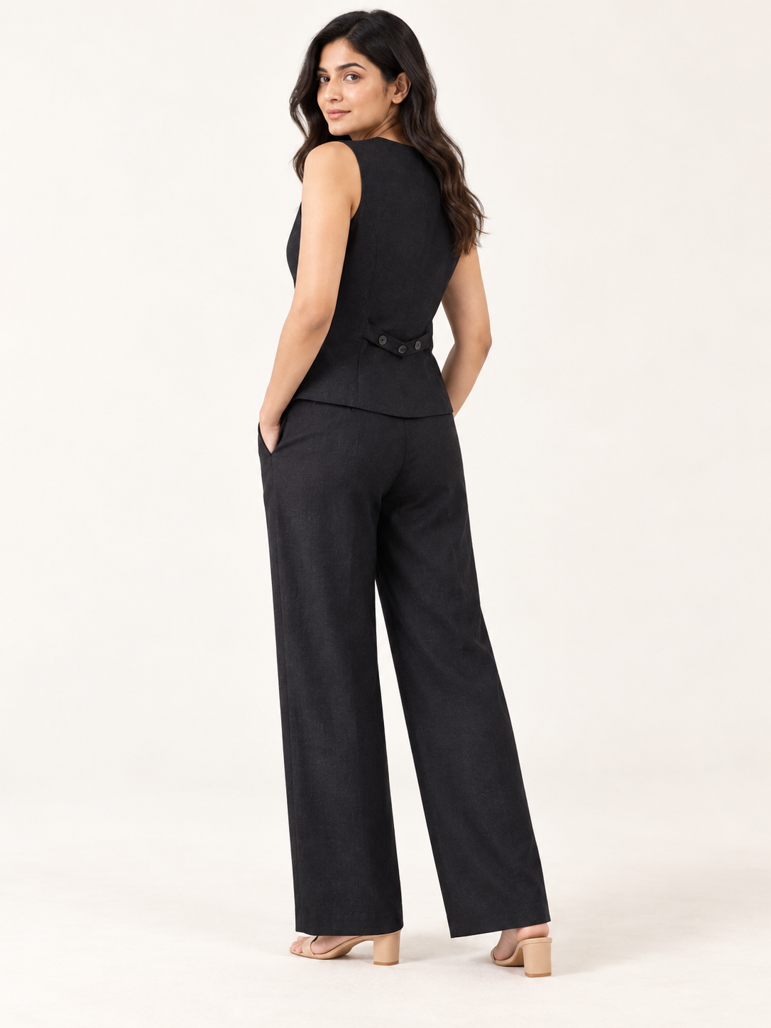 Composure Linen Blend Waistcoat - Black Onyx - side and back view