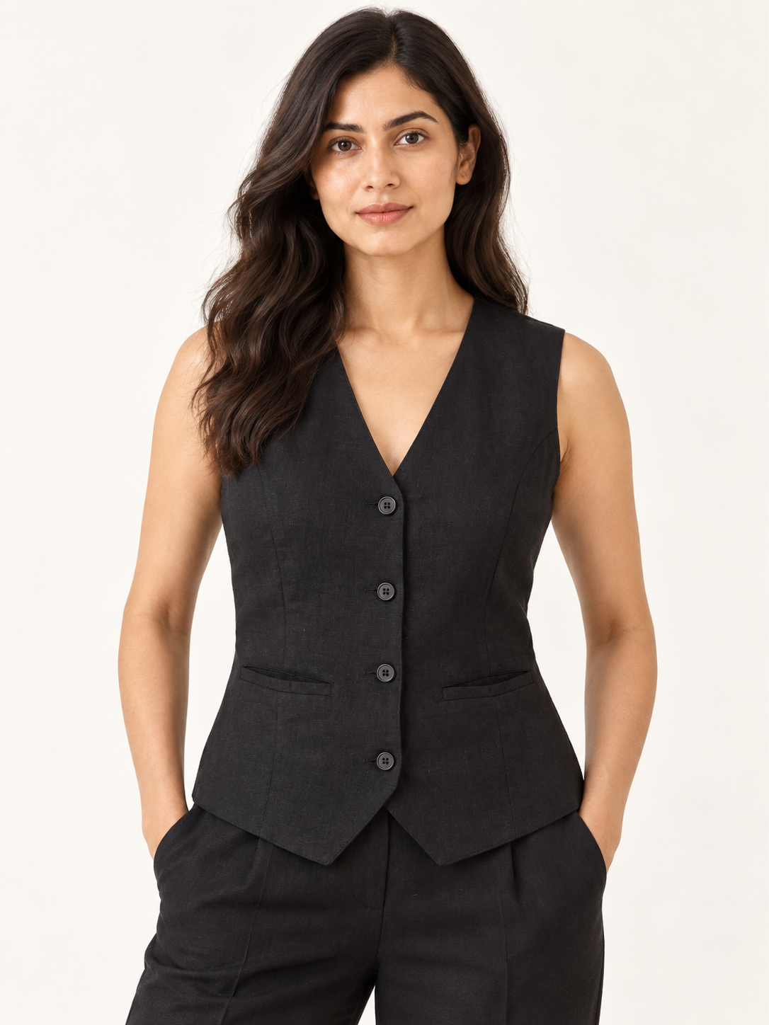 Composure Linen Blend Waistcoat - Black Onyx - fabric and stitching close-up