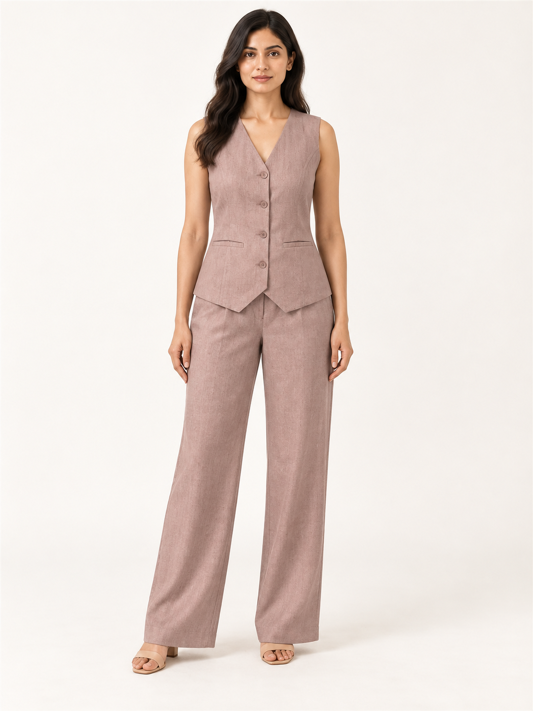 Composure Linen Blend Waistcoat Set - Dusty Blush - front view