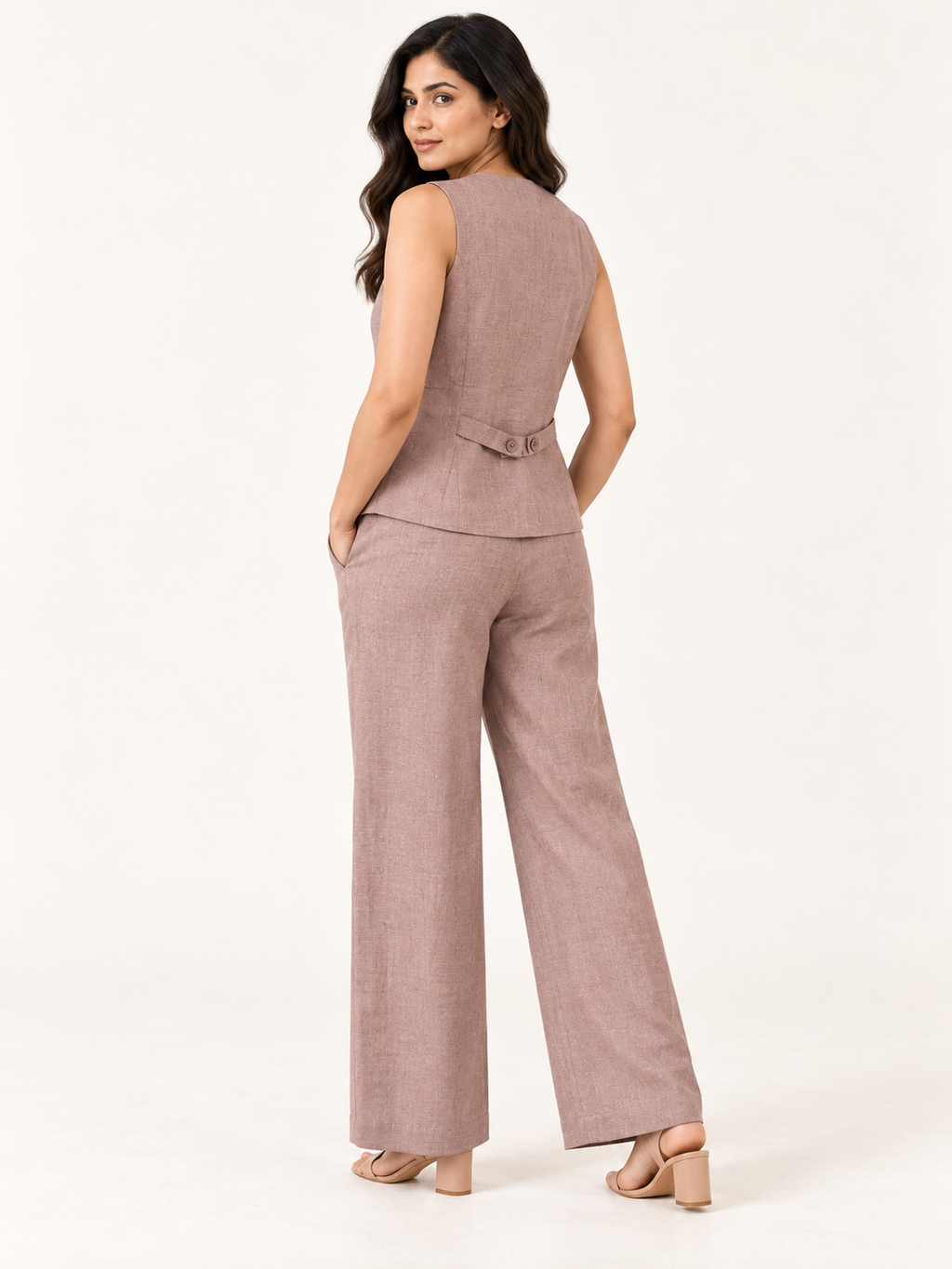 Composure Linen Blend Waistcoat - Dusty Blush - walking view