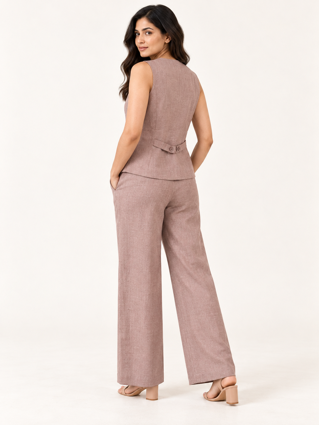 Composure Linen Blend Waistcoat - Dusty Blush - walking view