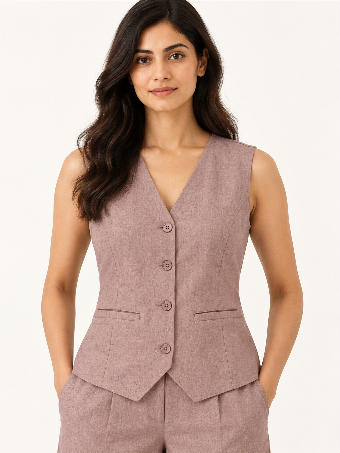 Composure Linen Blend Waistcoat - Dusty Blush - fabric and stitching close-up