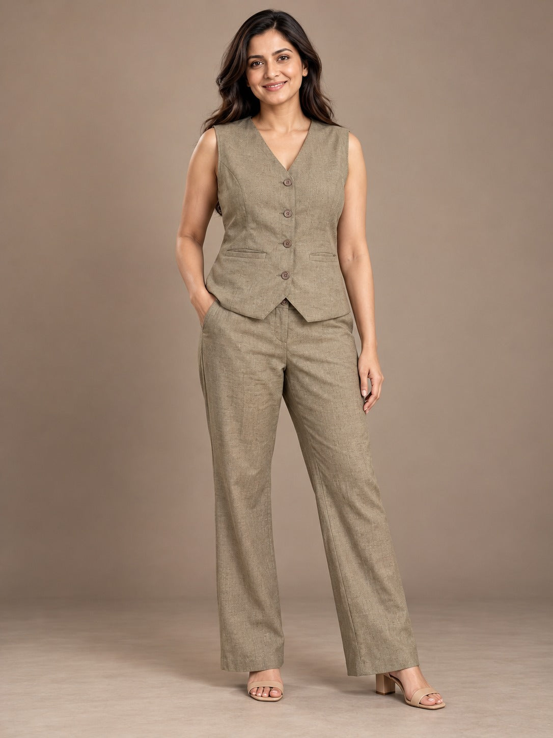 Composure -Linen Blend Waistcoat Set - Sage Stone - image 4