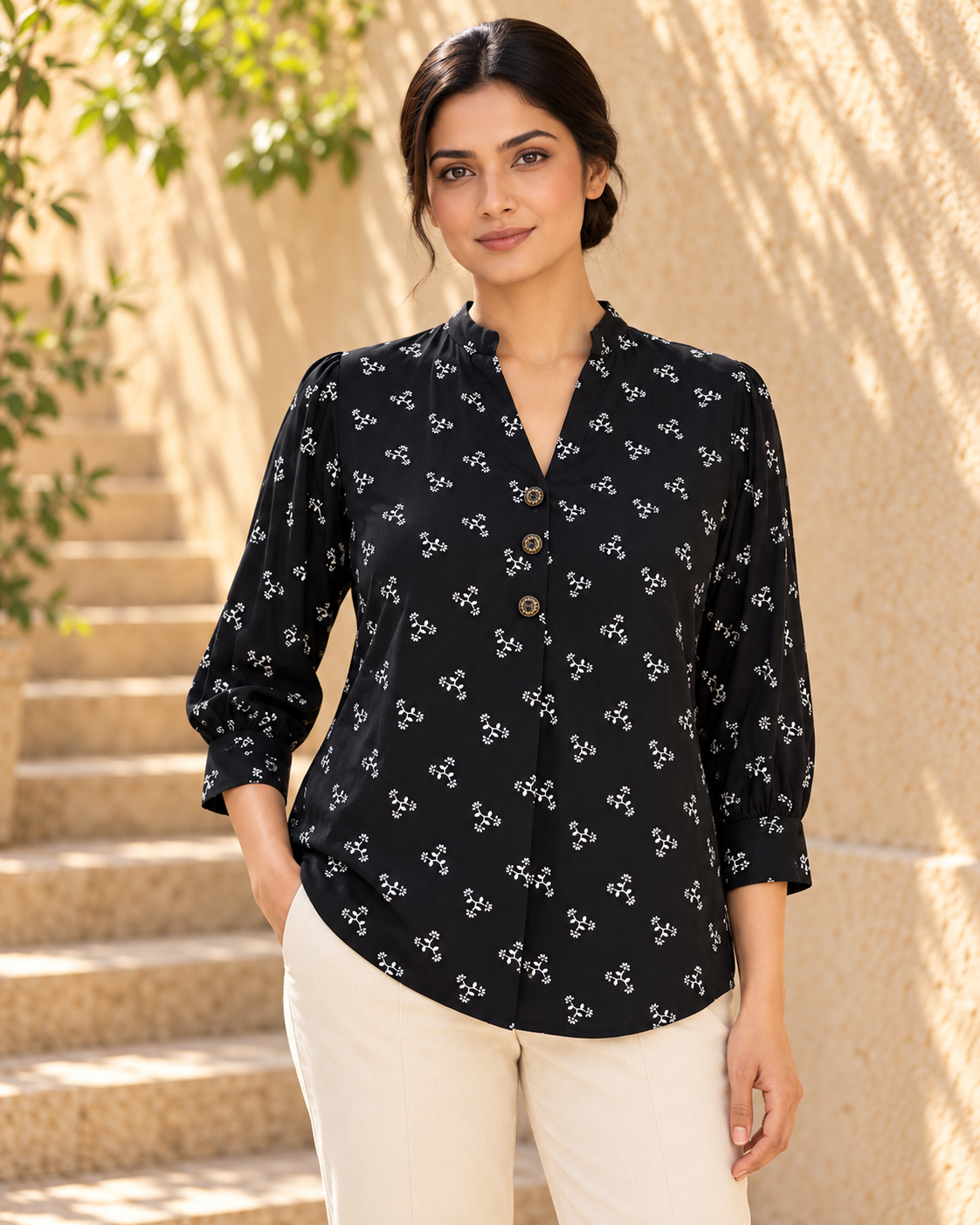 Ease Pleated Top - Midnight Bloom