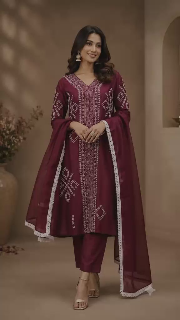 Legacy Kantha Centre Panel Suit Set - Mulberry Burgundy